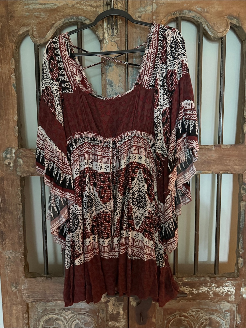 Free People Burgundy and Cream Boho Tunic Top